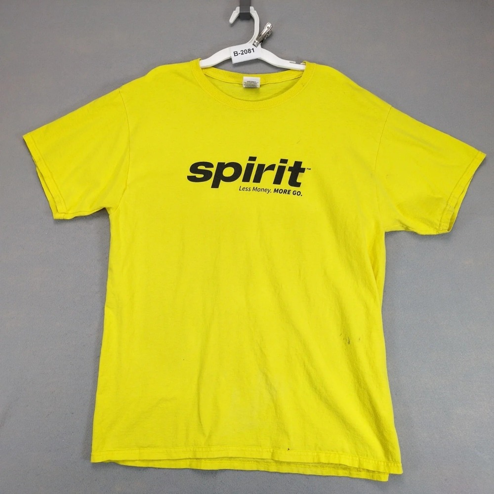Spirit Airlines Logo Yellow T-Shirt Mens L PTI Airport NC Employee MoreGo Travel